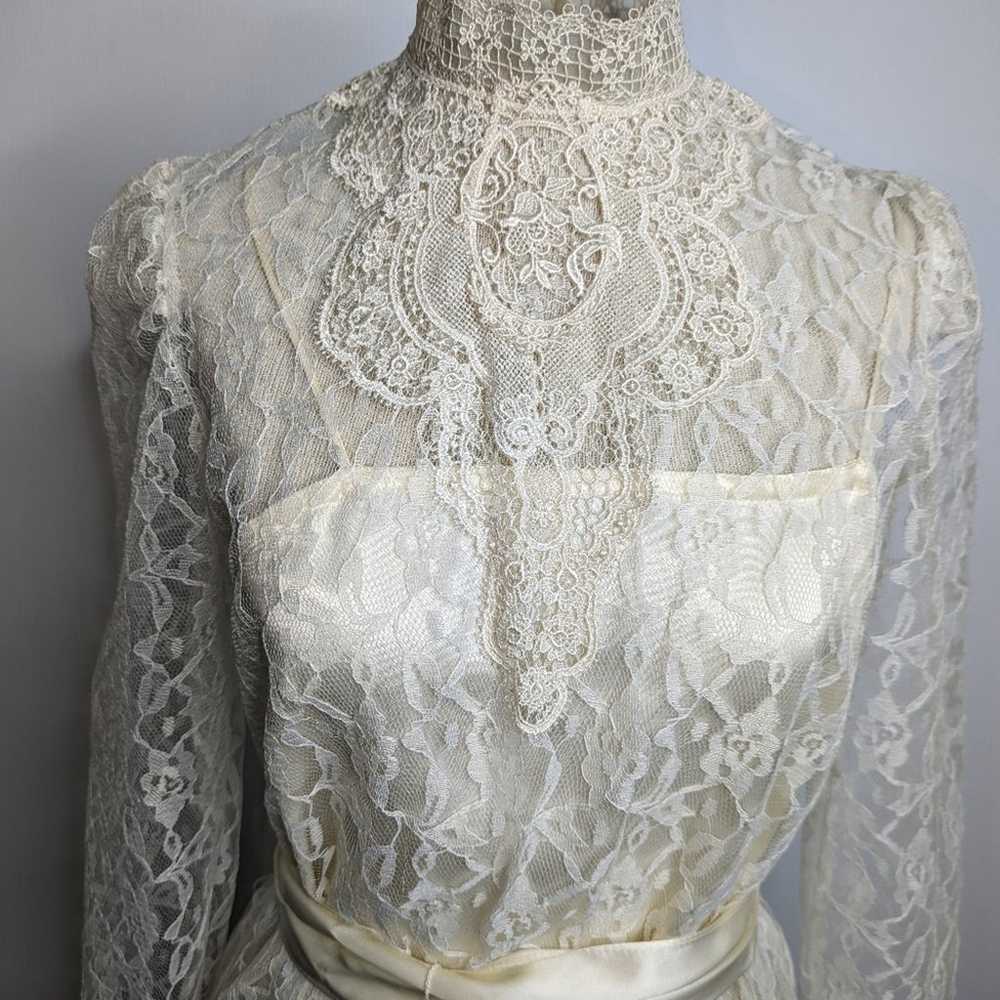 Vintage 70's Victorian Lace Dress Long Sleeve Lin… - image 11