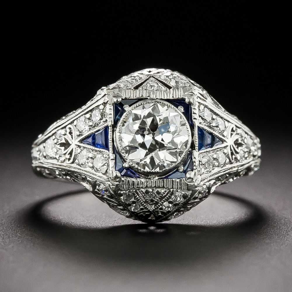 Art Deco .80 Carat Diamond and Calibre Sapphire R… - image 1