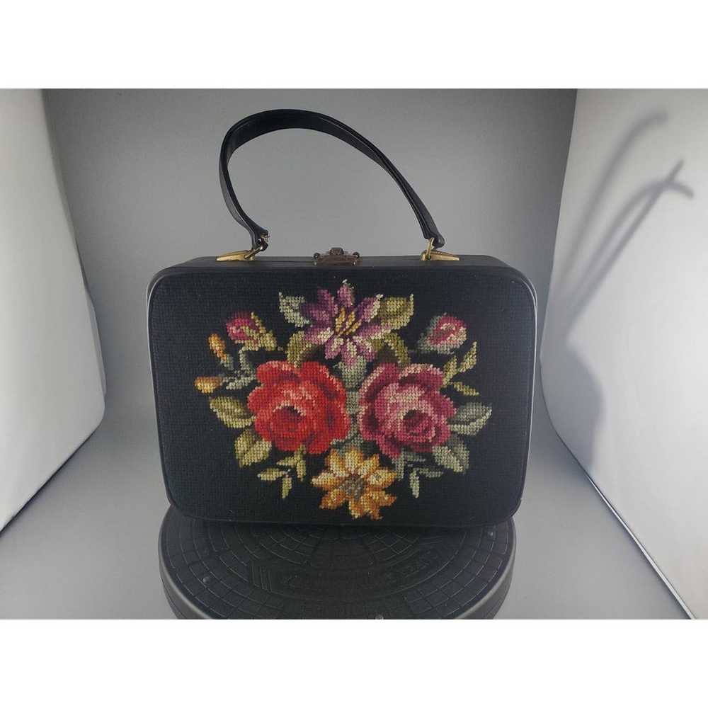 Vintage 60s Black Leather Floral Tapestry Purse S… - image 1