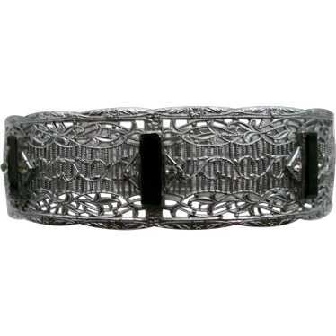 Wide Art Deco Filigree Rhodium plate hinged bangl… - image 1