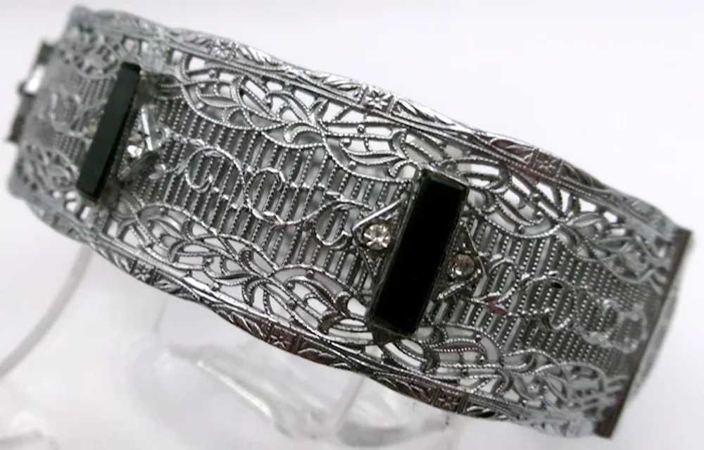 Wide Art Deco Filigree Rhodium plate hinged bangl… - image 2