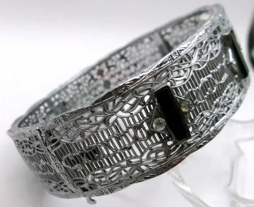 Wide Art Deco Filigree Rhodium plate hinged bangl… - image 3