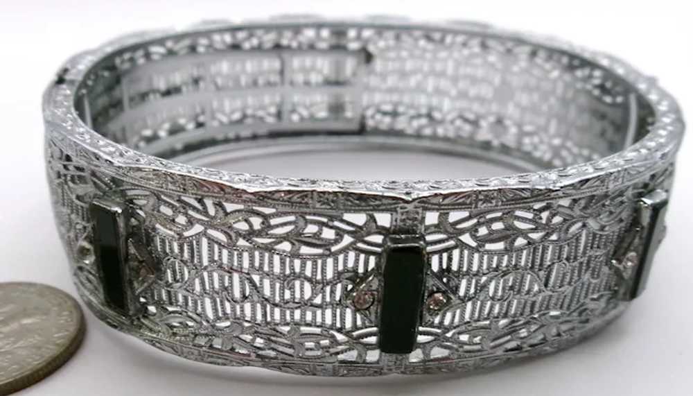 Wide Art Deco Filigree Rhodium plate hinged bangl… - image 4