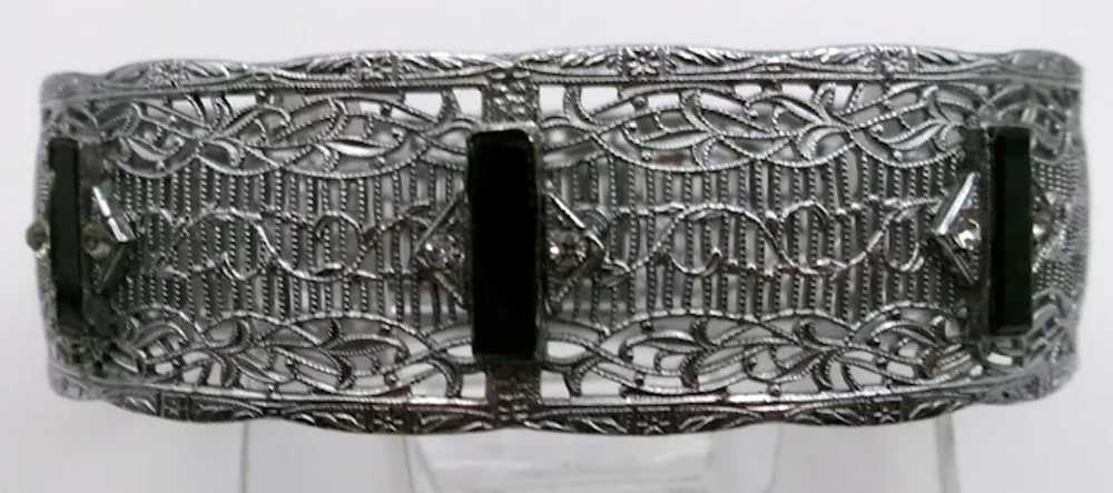 Wide Art Deco Filigree Rhodium plate hinged bangl… - image 5