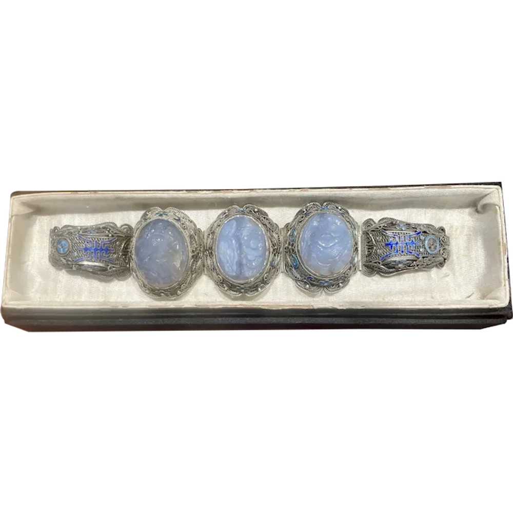 Chinese Silver Filigree Lavender Jade Bracelet - image 1