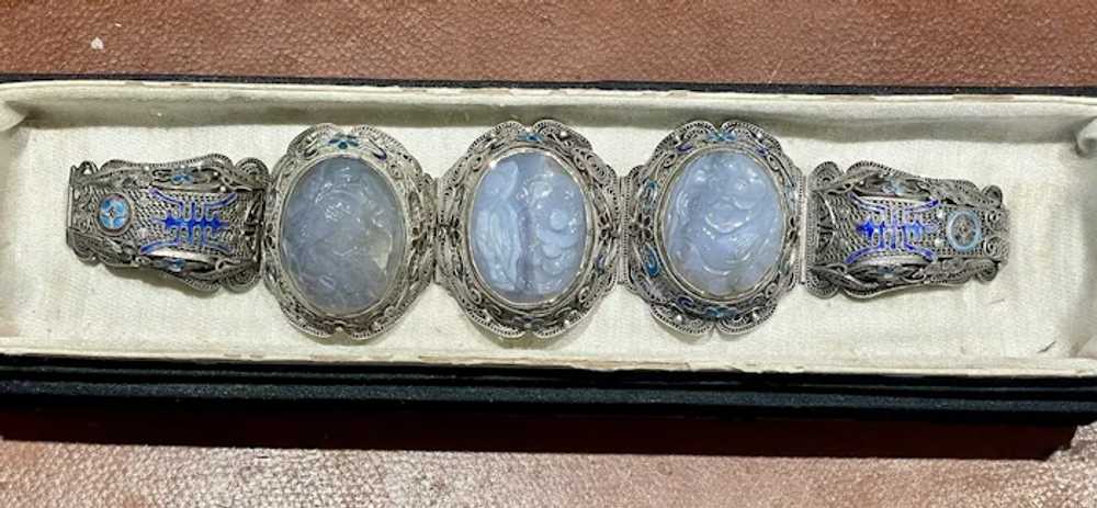 Chinese Silver Filigree Lavender Jade Bracelet - image 2