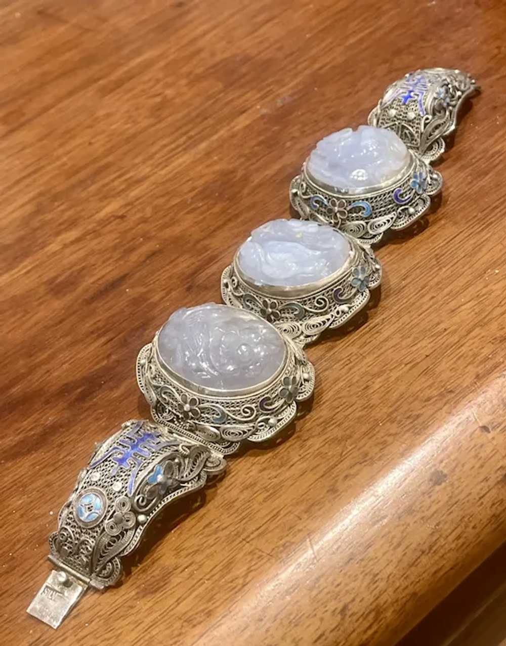 Chinese Silver Filigree Lavender Jade Bracelet - image 5