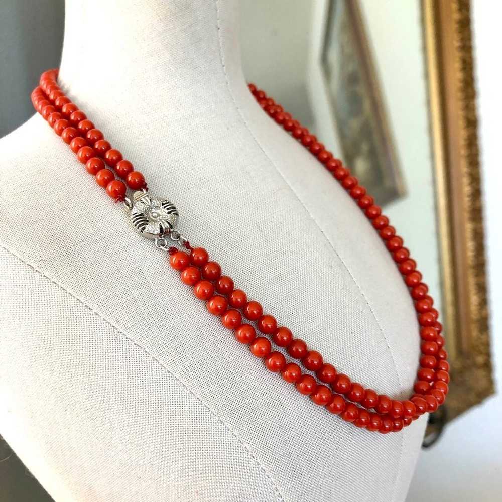Vintage Red Coral Bead Double Strand Necklace - image 1