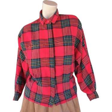 1980s Red Plaid Cotton Flannel Shirt Blouse Sz S M - image 1