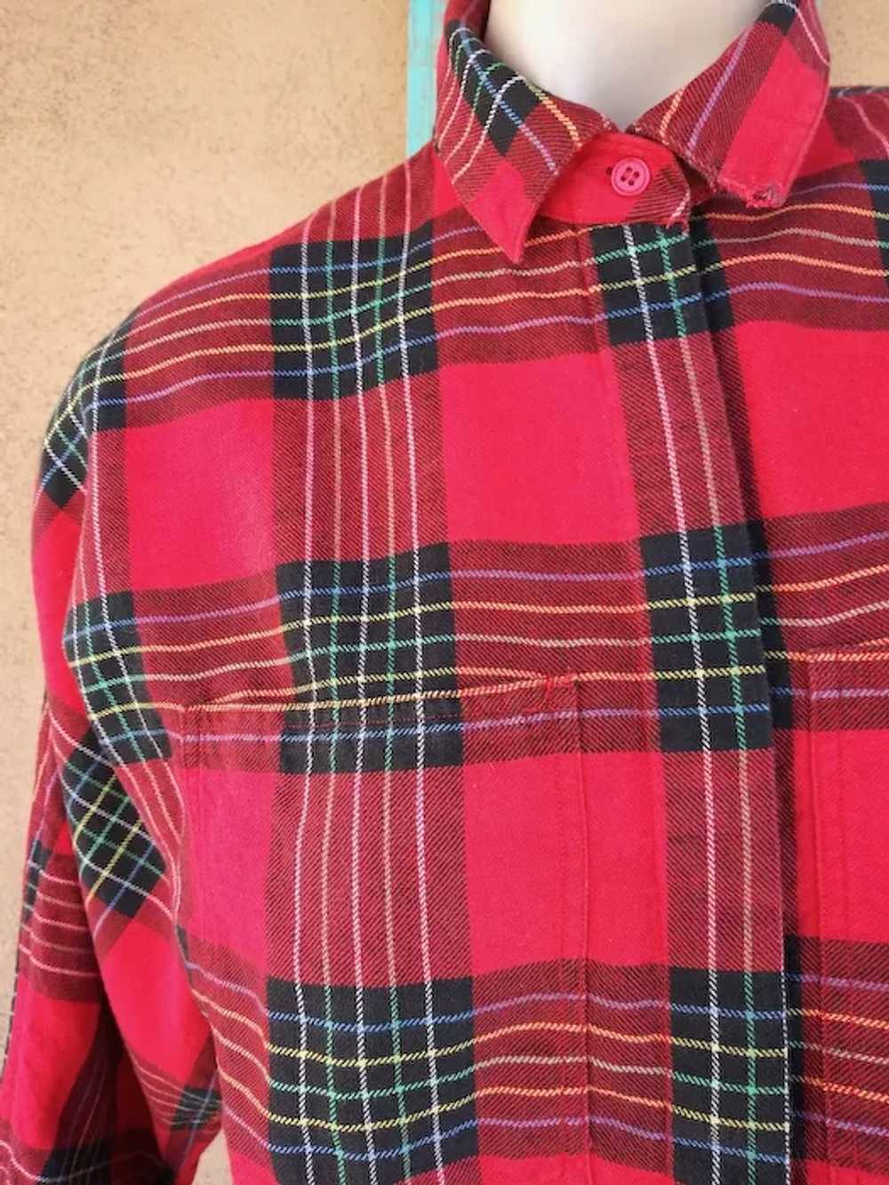 1980s Red Plaid Cotton Flannel Shirt Blouse Sz S M - image 2