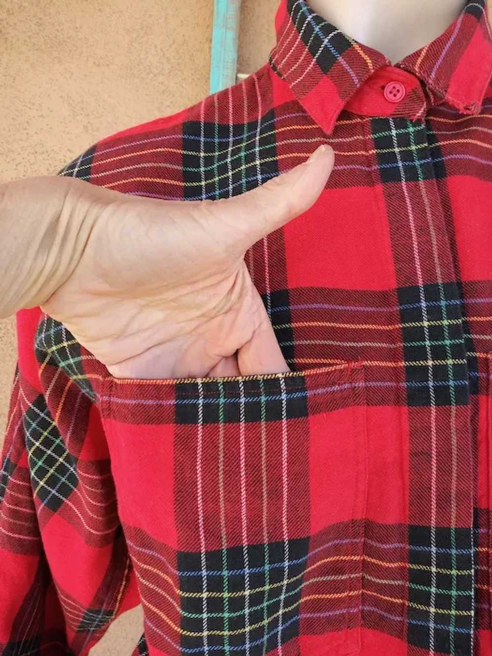 1980s Red Plaid Cotton Flannel Shirt Blouse Sz S M - image 5