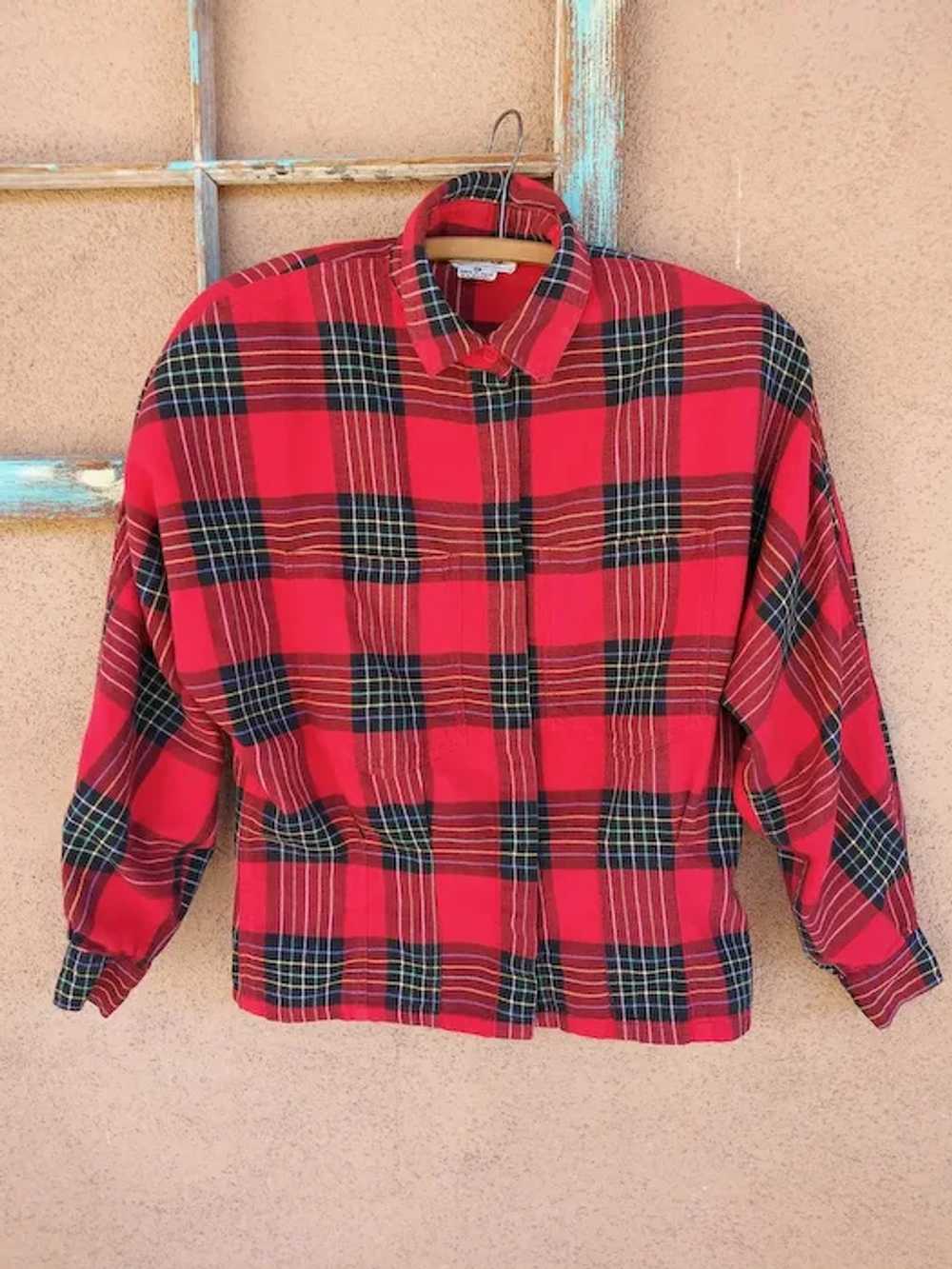 1980s Red Plaid Cotton Flannel Shirt Blouse Sz S M - image 6
