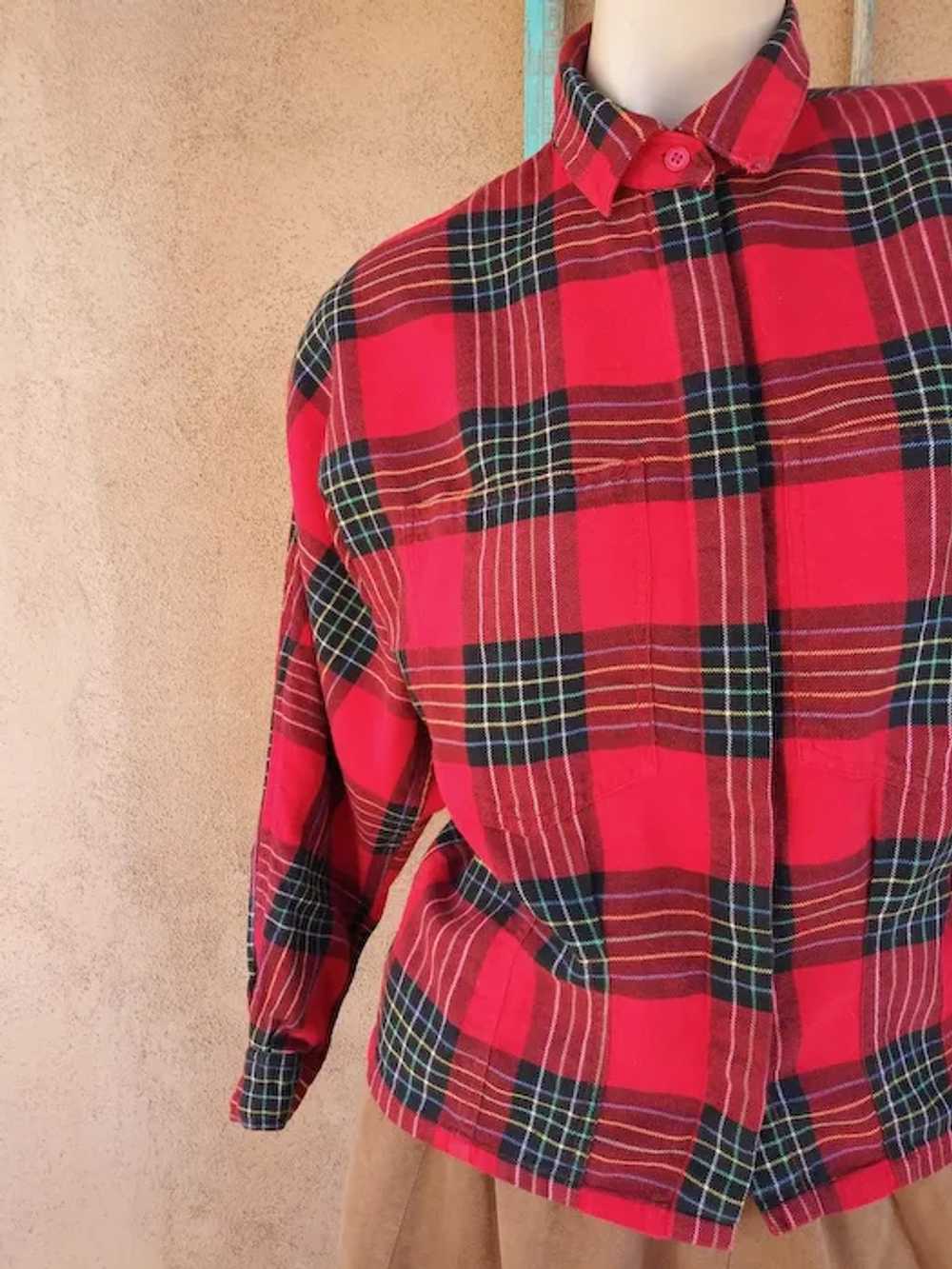 1980s Red Plaid Cotton Flannel Shirt Blouse Sz S M - image 7