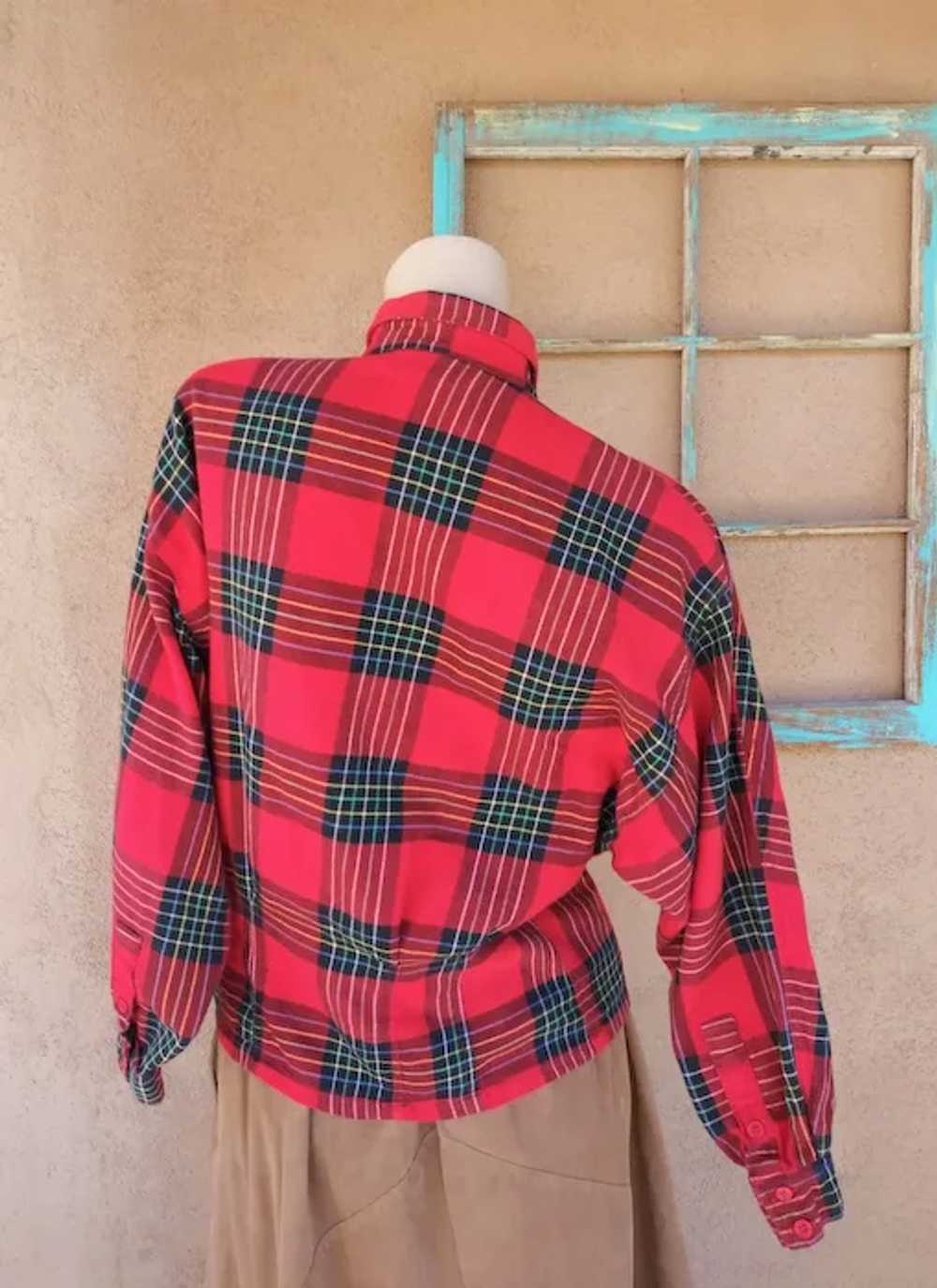 1980s Red Plaid Cotton Flannel Shirt Blouse Sz S M - image 8