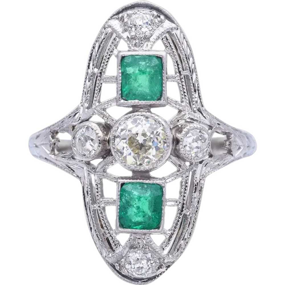 Antique Art Deco 18K White Gold Diamond & Emerald… - image 1