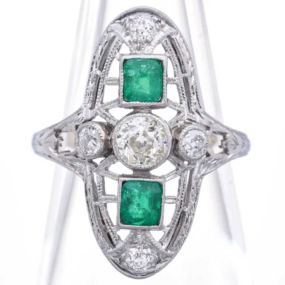 Antique Art Deco 18K White Gold Diamond & Emerald… - image 2