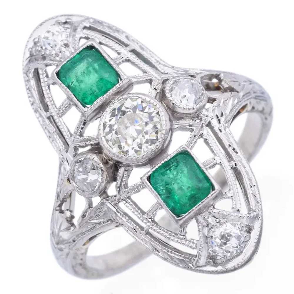 Antique Art Deco 18K White Gold Diamond & Emerald… - image 3