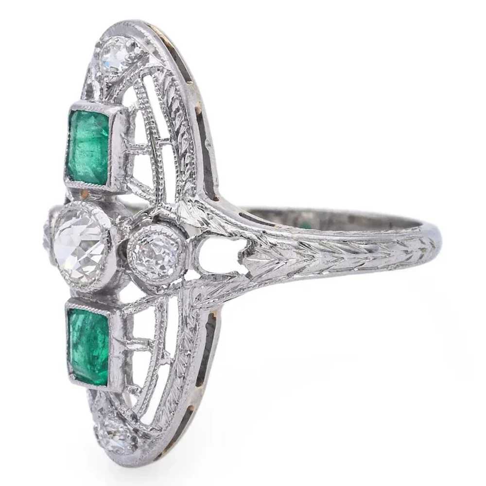 Antique Art Deco 18K White Gold Diamond & Emerald… - image 5