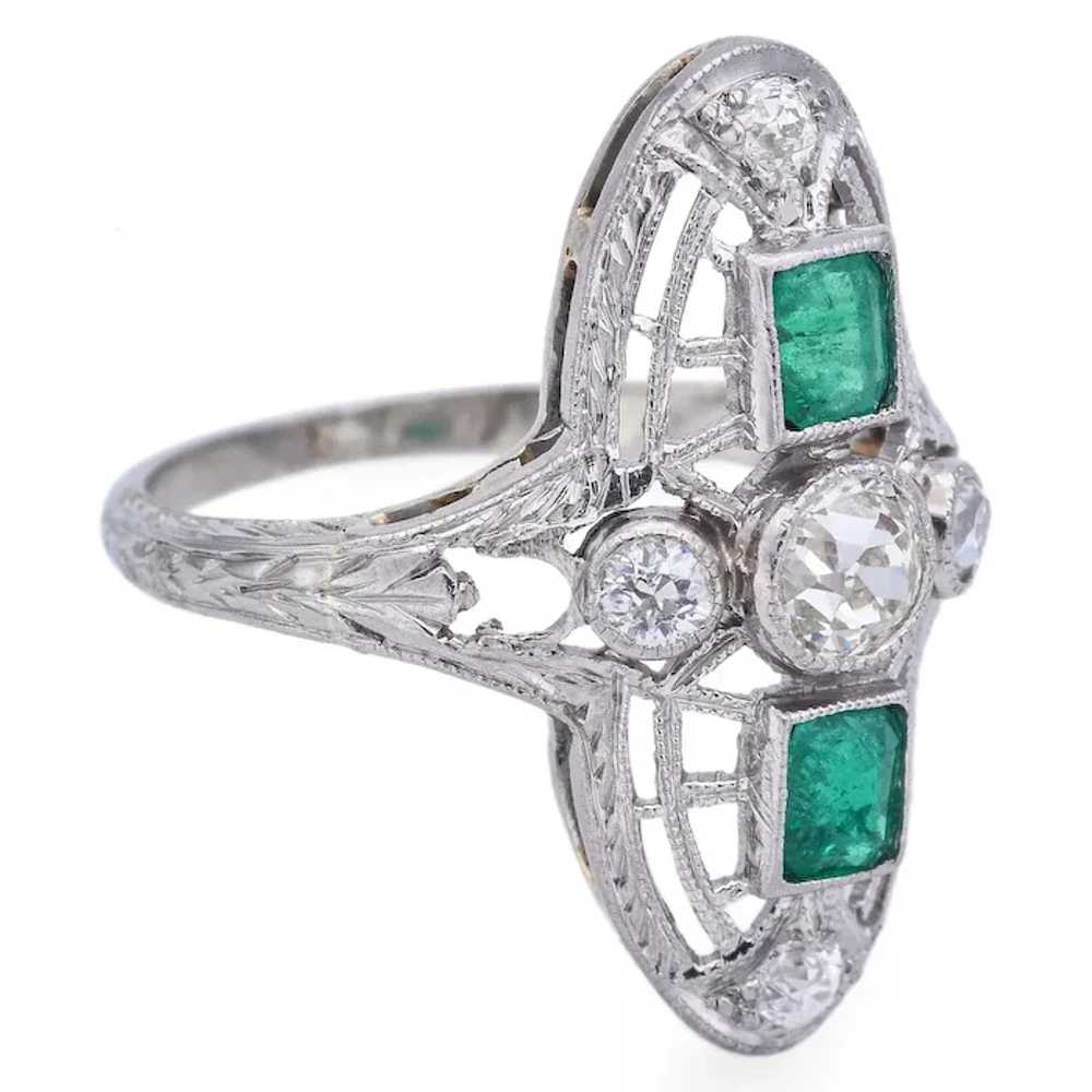 Antique Art Deco 18K White Gold Diamond & Emerald… - image 7