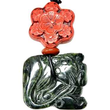 Hand Carved Chinese Deep Spinach Jade, Cinnabar P… - image 1