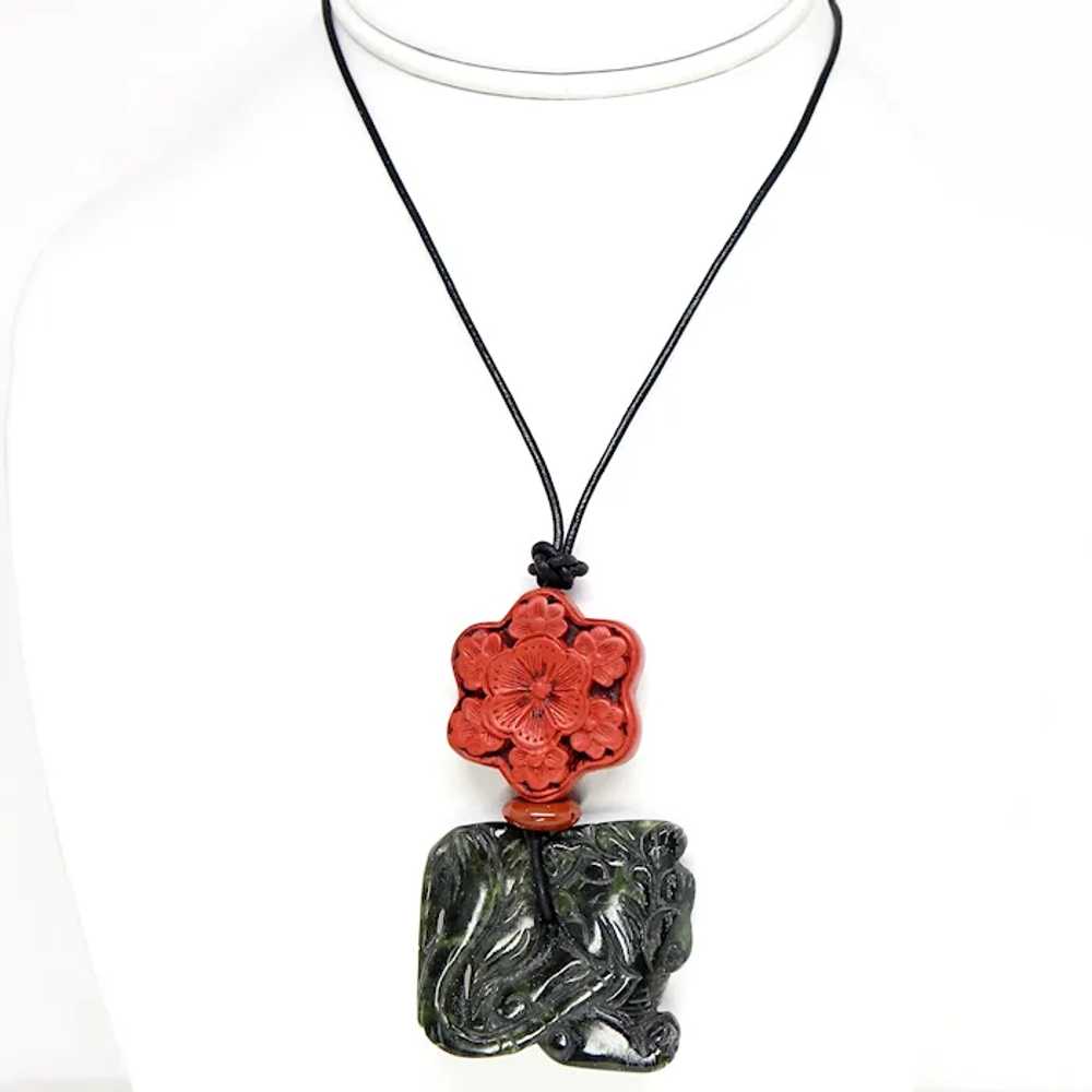 Hand Carved Chinese Deep Spinach Jade, Cinnabar P… - image 2