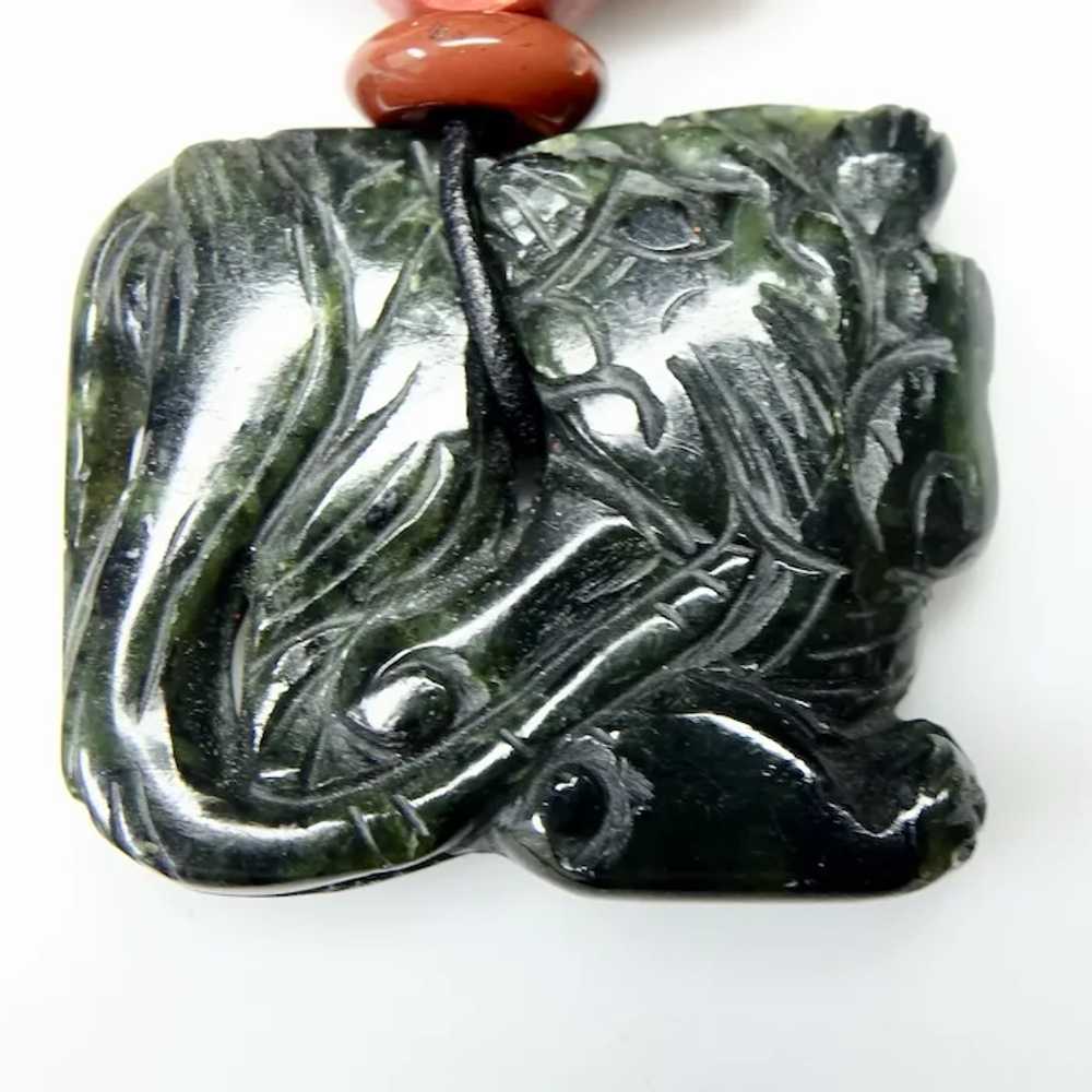 Hand Carved Chinese Deep Spinach Jade, Cinnabar P… - image 3