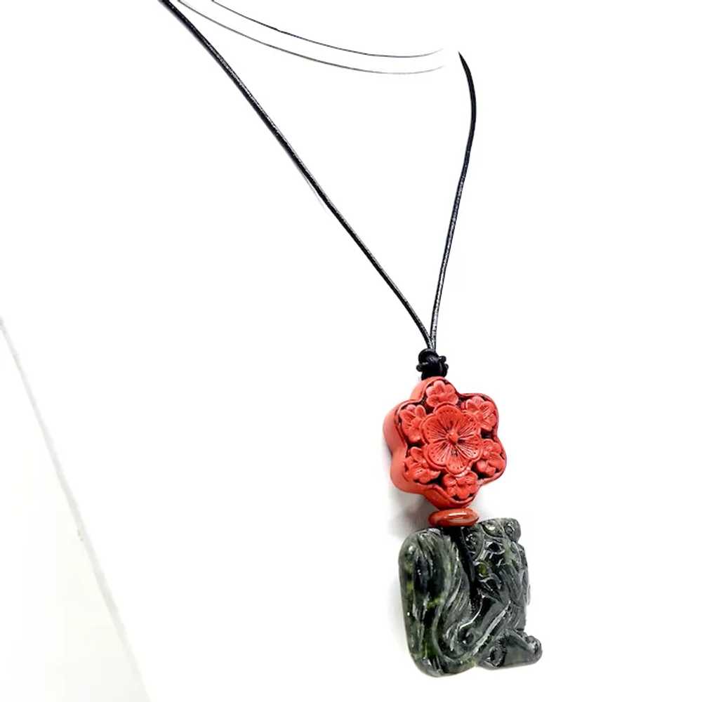 Hand Carved Chinese Deep Spinach Jade, Cinnabar P… - image 4