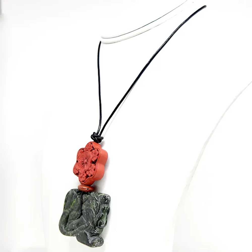 Hand Carved Chinese Deep Spinach Jade, Cinnabar P… - image 5