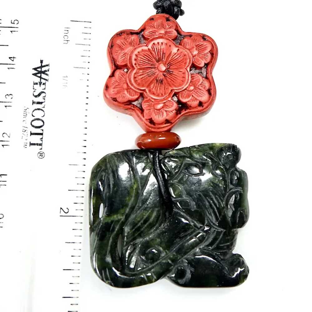 Hand Carved Chinese Deep Spinach Jade, Cinnabar P… - image 6