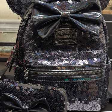 EUC Loungefly black sequin backpack and wallet set - image 1