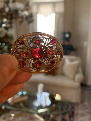 Rare Antique Victorian Gilt Métal Pin Red Rhinesto