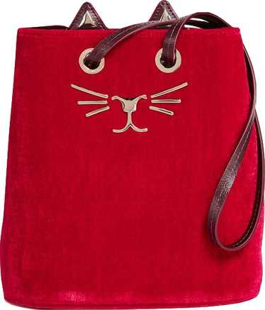 Charlotte Olympia Red Feline Cat Bucket Bag Velvet