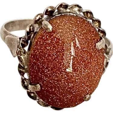 Vintage Sterling Silver Sunstone Gold Stone Ring … - image 1