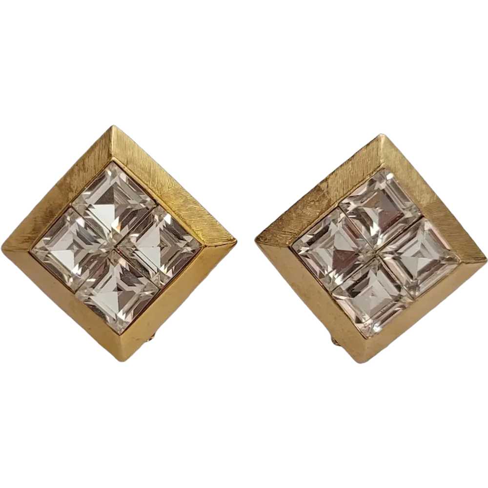 Gold Tone Square Waffle Clear Rhinestone Inlay Cl… - image 1