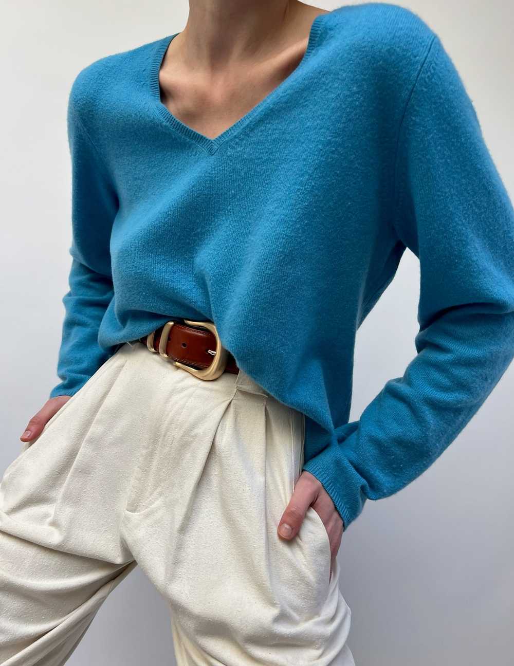 Turquoise Cashmere V-Neck Sweater - image 1