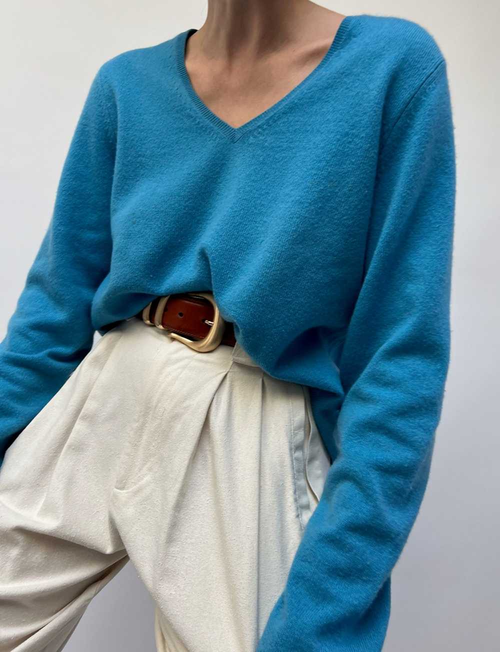 Turquoise Cashmere V-Neck Sweater - image 2