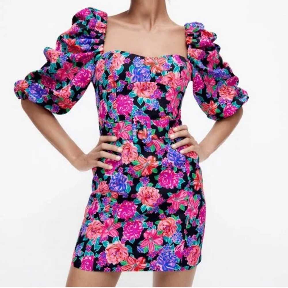 Zara Puff Sleeve Floral Mini Dress - image 1