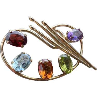 14K Yellow Gold Multi Gem Artist Palette Brooch - image 1