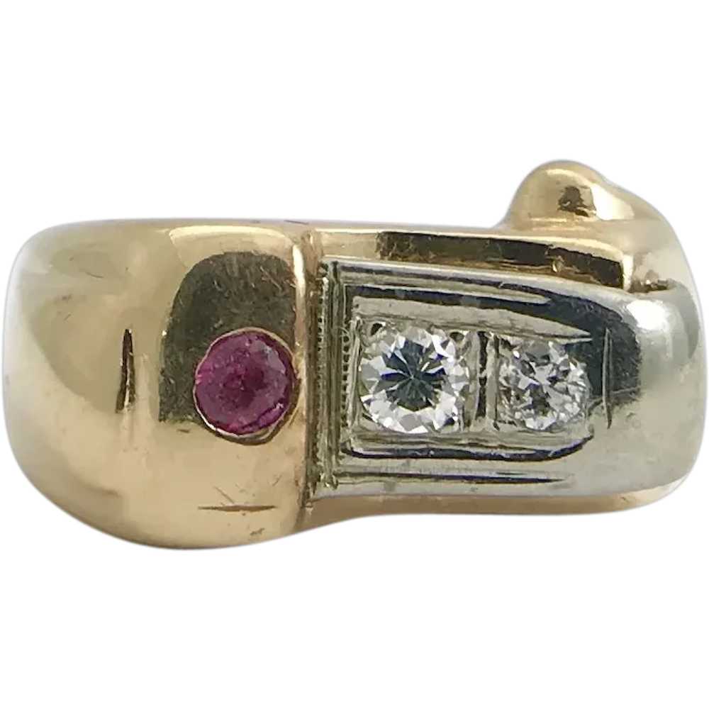 Vintage 1940's Diamond Ruby Two-Tone Buckle Ring … - image 1