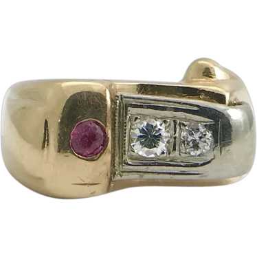 Vintage 1940's Diamond Ruby Two-Tone Buckle Ring … - image 1