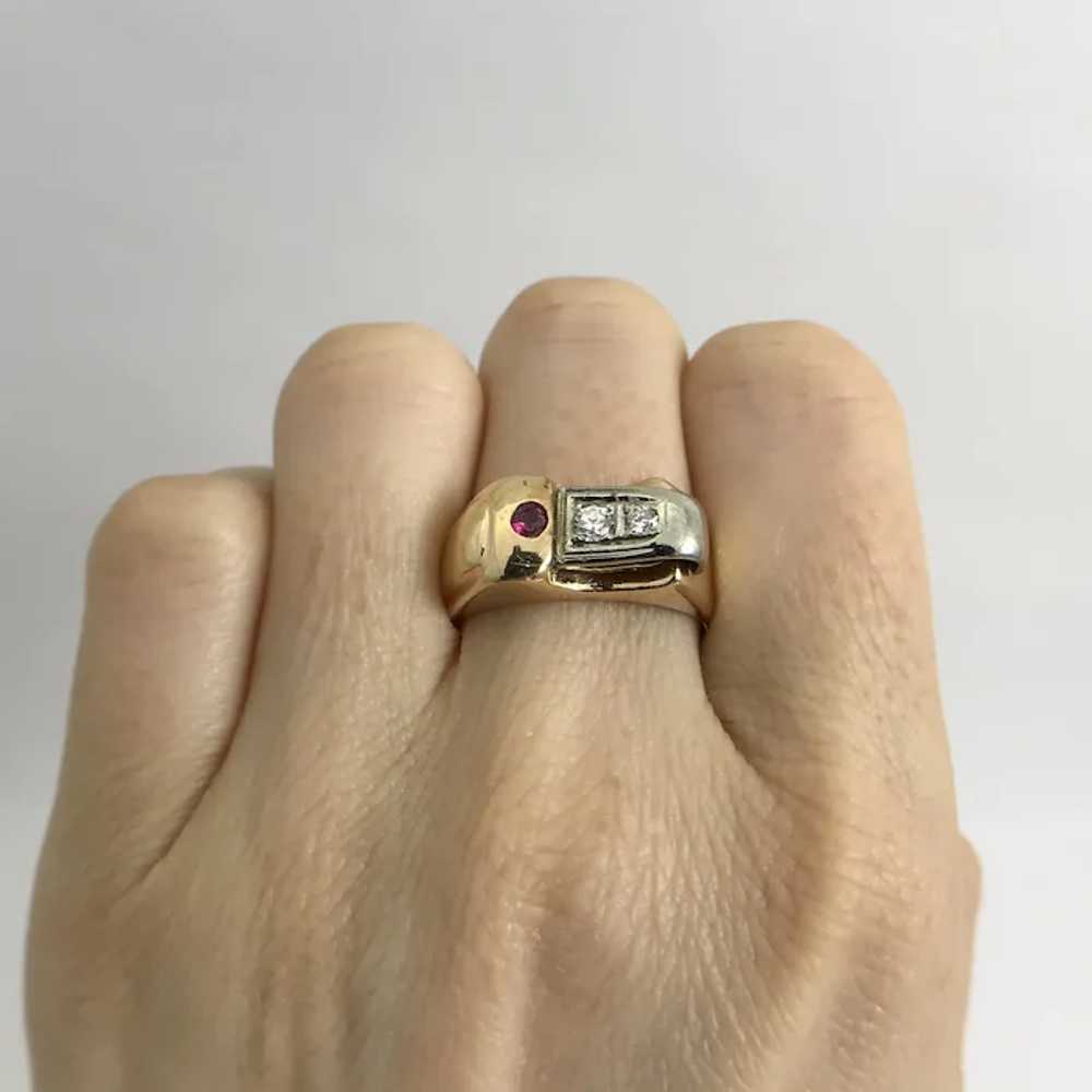 Vintage 1940's Diamond Ruby Two-Tone Buckle Ring … - image 3