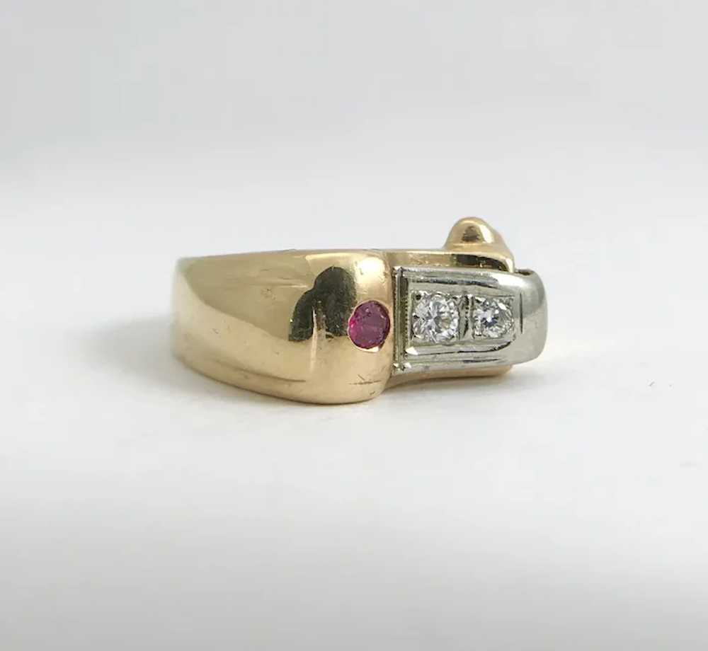 Vintage 1940's Diamond Ruby Two-Tone Buckle Ring … - image 6