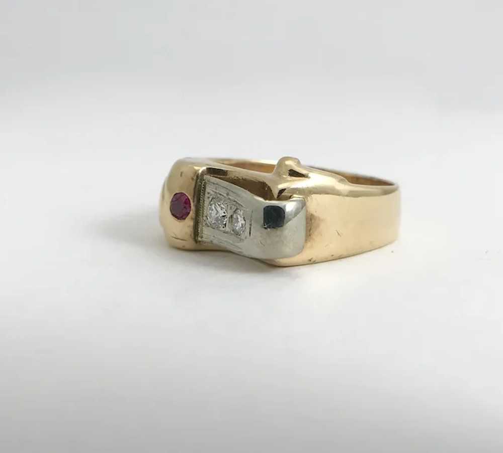 Vintage 1940's Diamond Ruby Two-Tone Buckle Ring … - image 8