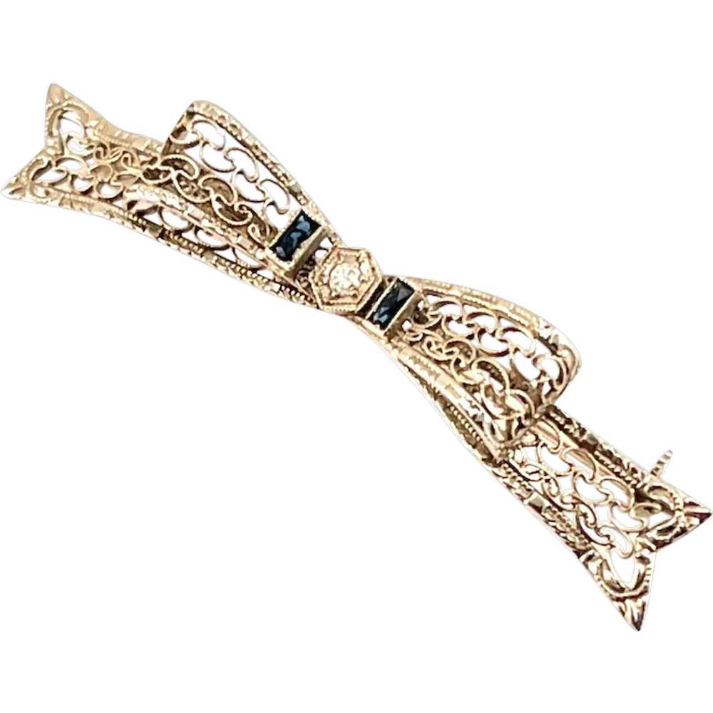 Art Deco Diamond and 14K White Gold Blue Bar Pin … - image 1