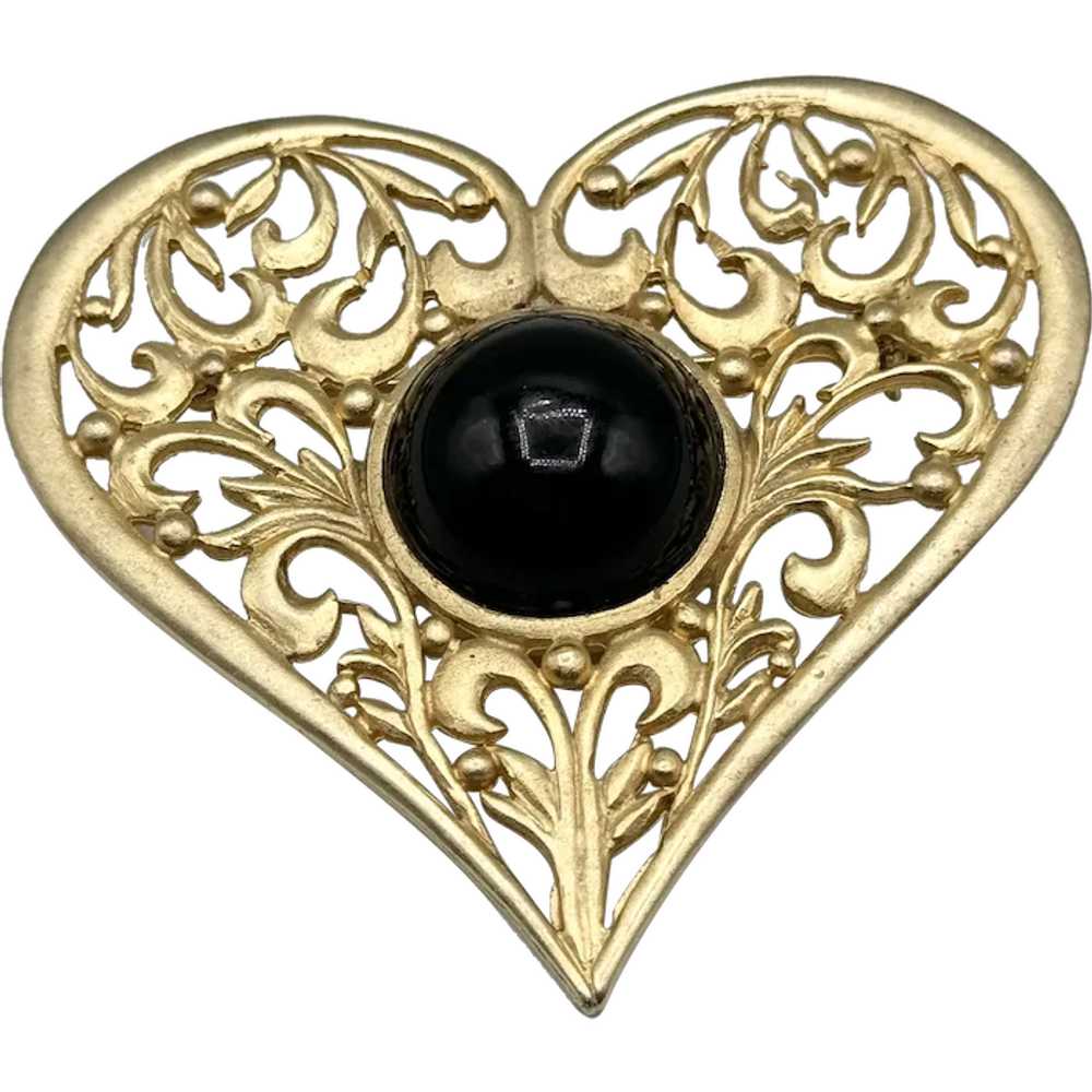 Vintage gold black heart brooch pin - image 1