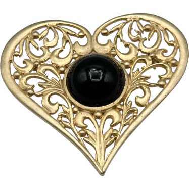 Vintage gold black heart brooch pin - image 1