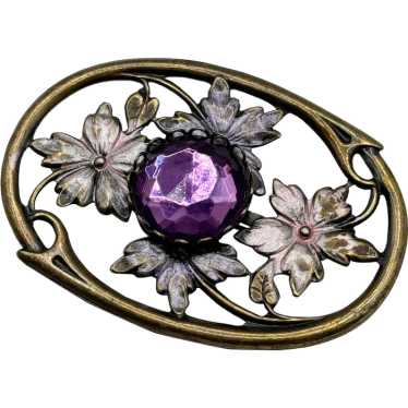 Vintage enamel flower purple rhinestone brooch pin - image 1