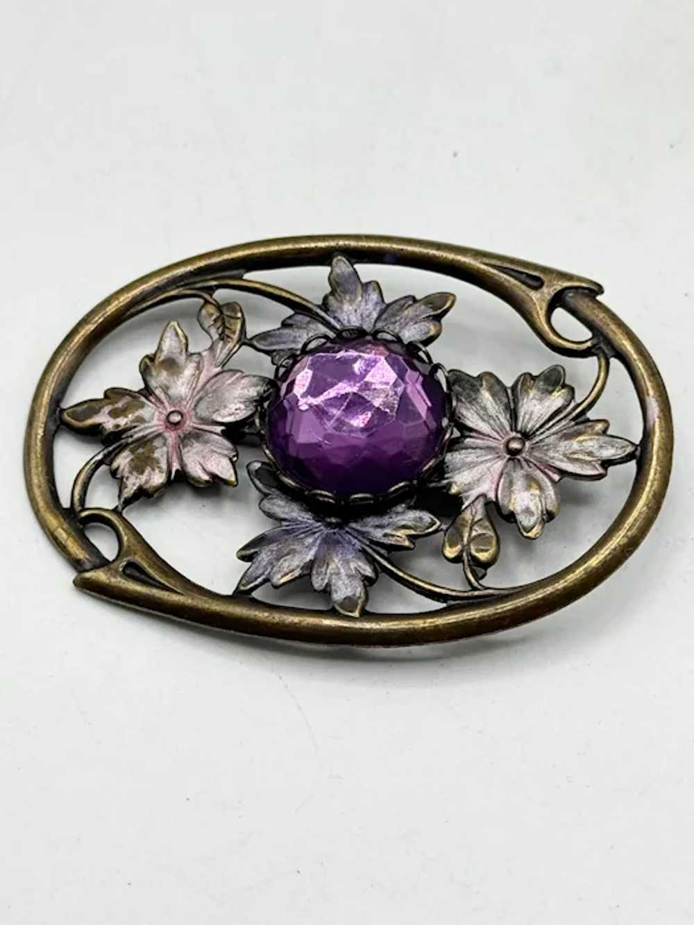 Vintage enamel flower purple rhinestone brooch pin - image 2