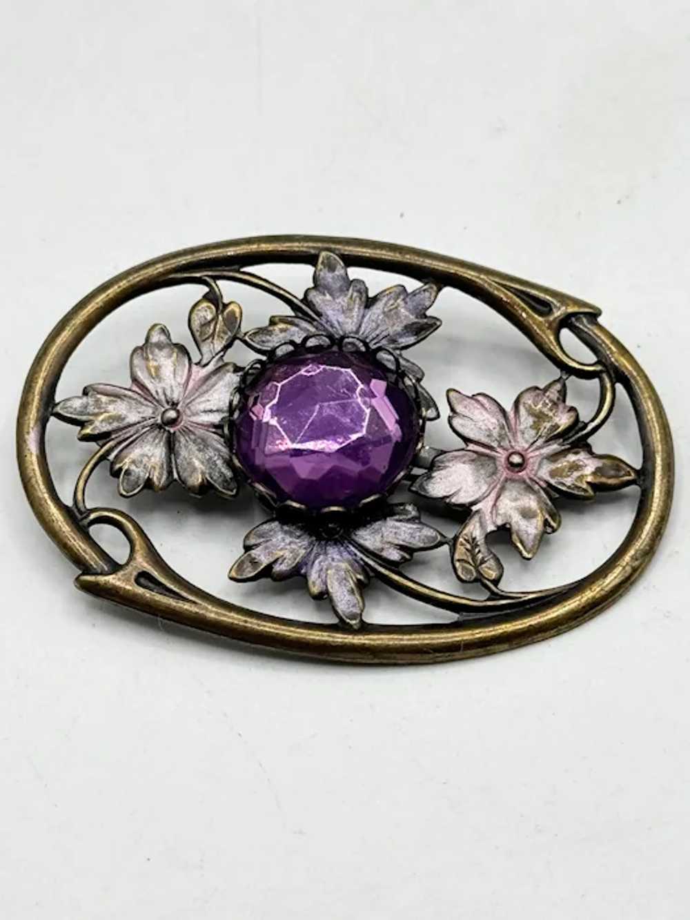 Vintage enamel flower purple rhinestone brooch pin - image 3