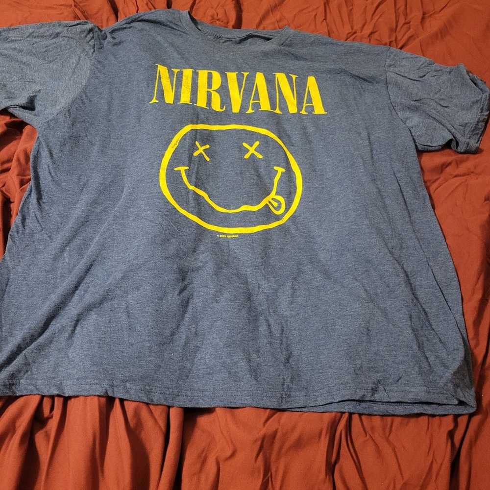 Nirvana Band Tee Smiley Face t-shirt blue 2XL Roc… - image 1